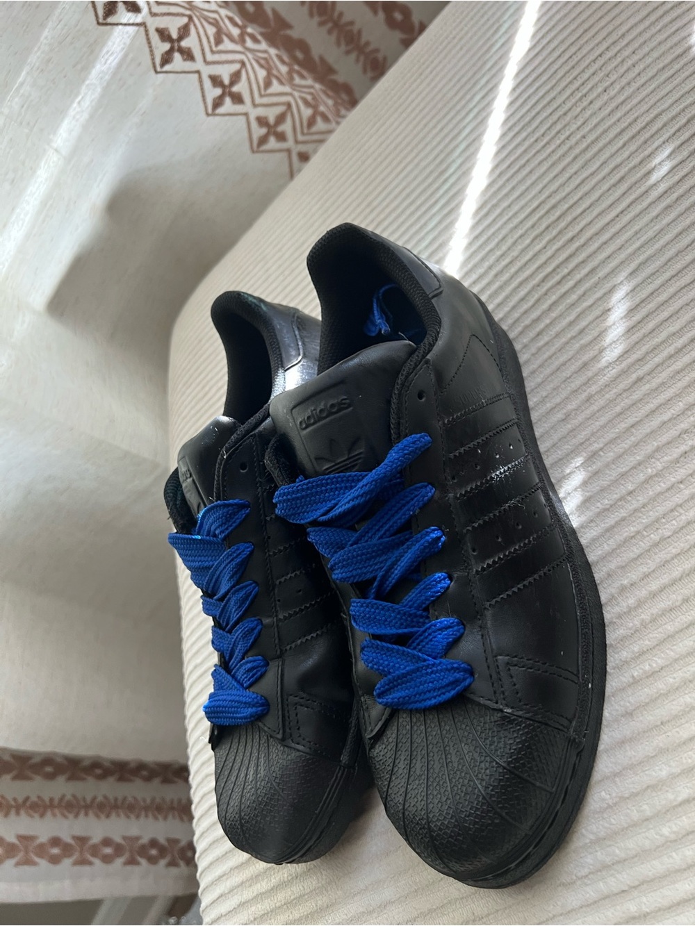 adidas Black Leather Low-Top Sneakers with Blue Laces
